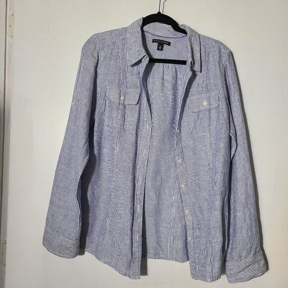 Banana Republic Tops - Banana Republic Linen Cotton Blend Button Down Shirt Blue & White Stripes Sz 14